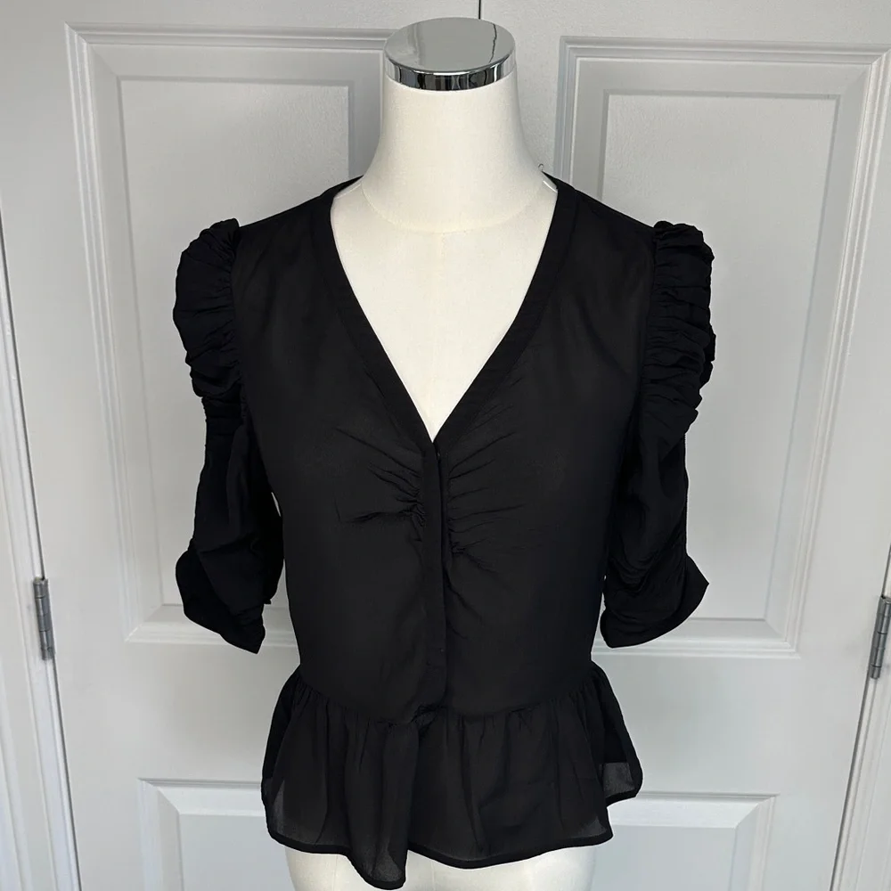 & Other Stories Black Silk Viscose Peplum Ruffled String Sleeve Blouse Size 4 - Picture 1 of 12